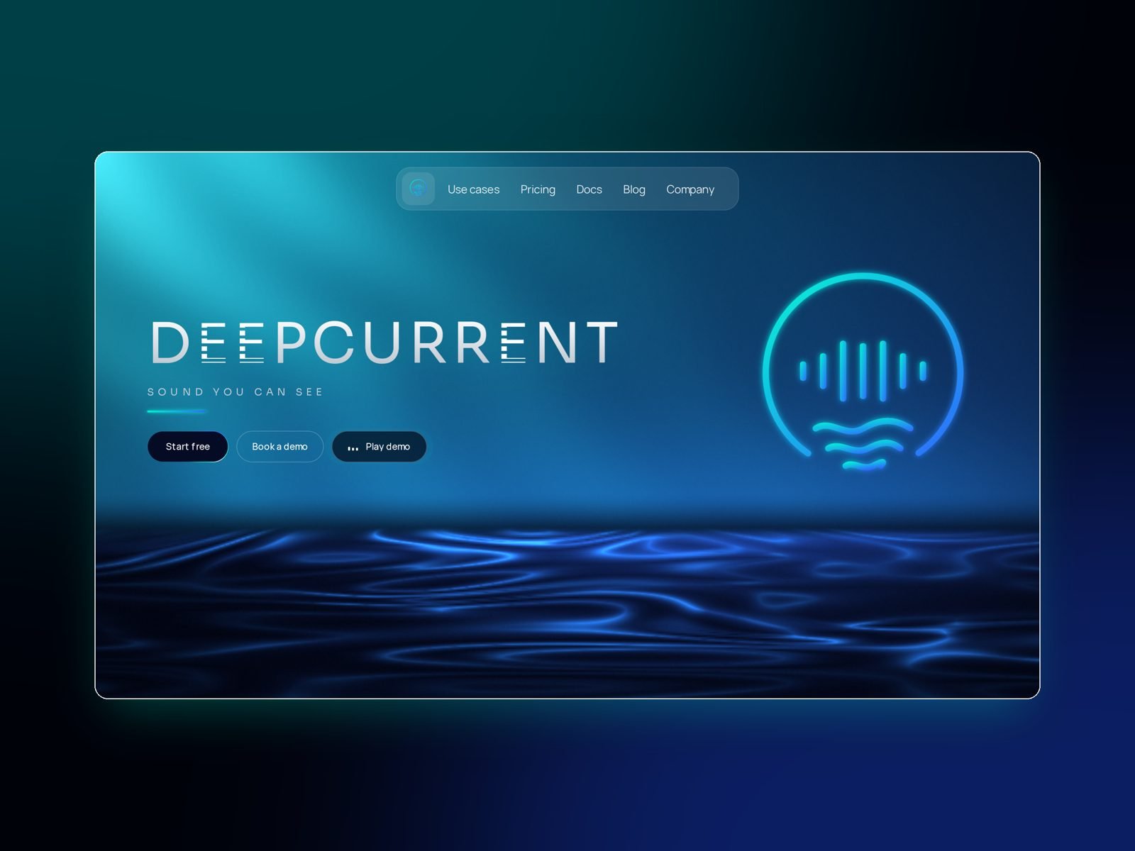 Deep Current home page: a dark hero with a glowing WebGL water surface and the product headline.