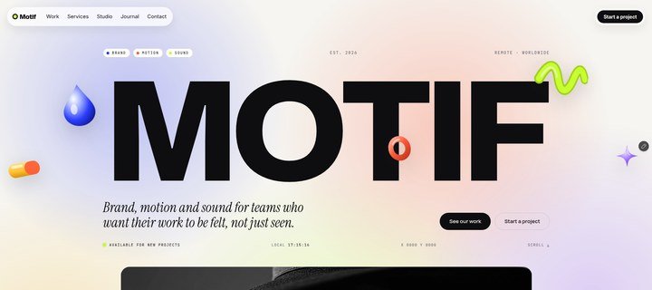 Motif studio site hero, a giant MOTIF wordmark on a light background with floating 3D objects